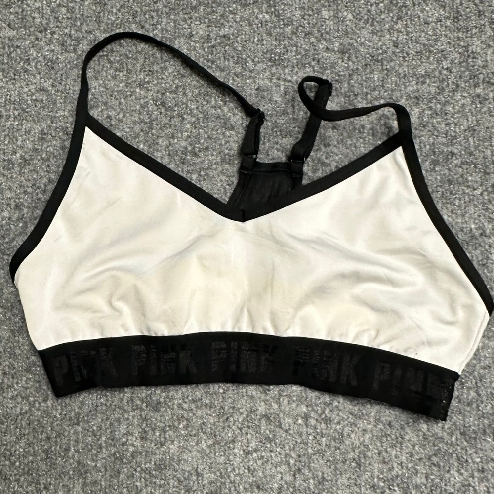 PINK Sports Bra Womens Size S White Black Racerback Mesh Logo Band Stain